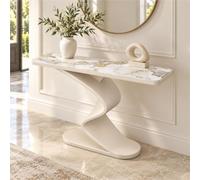 Table Console Moderne, Console Salon Étroite, Table D'entrée Effet Pierre | Dessus Arrondi Aspect Pierre, Pied Torsadé Noir Et Base Ovale Pour Salon, Hall Ou Vestibule Moderne(White2,59"/150cm)