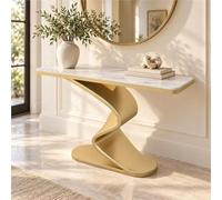 Table Console Moderne, Console Salon Étroite, Table D'entrée Effet Pierre | Dessus Arrondi Aspect Pierre, Pied Torsadé Noir Et Base Ovale Pour Salon, Hall Ou Vestibule Moderne(Gold,59"/150cm)