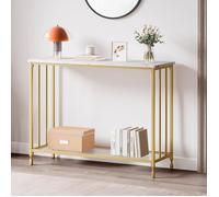 Table console moderne - LUNSY - Cadre métal doré - Plateau effet marbre blanc - Dimensions compactes 105x30x81 cm