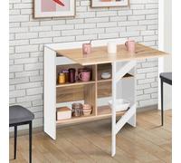 Table Console Pliable Edi 2-6 Personnes Avec Double Rangement Central Bois Blanc Plateau Façon Hêtre
