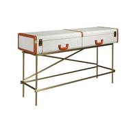 Table console rectangulaire, tissu, noyer et acier poli doré