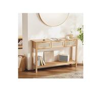 Table Console Rotin 3 Tiroirs, Porte Coulissante, 1305x300x815 mm, pour Salon Bureau Entrée Bois