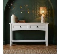 Table console RURAL table d'appoint en pin massif blanc avec 2 tiroirs et 1 étagère, meuble d'entrée style rustique en bois
