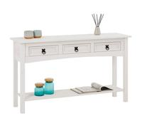 Table console RURAL table d'appoint en pin massif blanc avec 3 tiroirs et 1 étagère, meuble d'entrée en bois style rustique