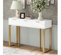 Table Console Salon avec 3 Tiroirs,Meuble Entrée Structure Dorée, Repose-Pieds Réglables et Poignées élégantes Blanc+Or