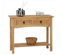 Table console SALSA table d'appoint en bois style mexicain avec 2 tiroirs et 1 étagère, en pin massif finition teintée/cirée Naturel G