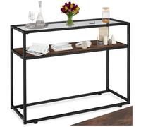 Table console - TECTAKE - Console KILKENNY au style industriel bois et acier, plateau en verre, 101,5 x 41,5 x 80,5 cm - Bois foncé