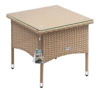 Table d’appoint en polyrotin crème Table basse 50x50x45cm avec plaque en verre Petite table de jardin en résine tressée