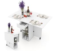 Table d’Appoint Pliante COSTWAY 2 Roulettes, Console à Abattants, Support de Rangement, Tiroirs à 2 Niveaux, 120x72x75CM Blanc