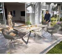 Table d’extérieur Edge 200x100 cm céramique Laminam® Travertino Bianco blanc crème piètement croisé rectangulaire en acier inoxydable