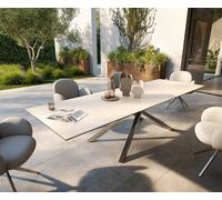Table d’extérieur Edge 300x100 cm céramique Laminam® Travertino Bianco blanc crème piètement croisé rectangulaire en acier inoxydable