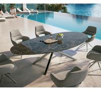 Table d’extérieur Edge Ovale 280x130 cm Céramique Emperador Extra Lucidato Brun foncé Piètement croisé rectangulaire Acier inoxydable