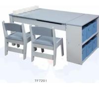 Table d'activité Kinder avec 2 chaises - Table multifonction 3-en-1 - Réglable en hauteur - Bois - 109 x 61 x 53 cm - Tableau avec rouleau de papier - 5 gobelets, 6 boîtes - Gris/Bleu