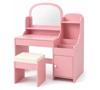 Table d'activité pour enfants avec miroir, tabouret, armoire et étagères, couleur rose