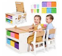 Table d'activité pour enfants Mamabrum avec 2 chaises, plateau rabattable et espace de rangement, comprenant un rouleau de papier, 6 boîtes en tissu et 6 gobelets en MDF