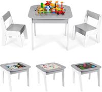 Table d'activités pour enfants - Table avec 2 chaises - Plateau de jeu de construction 2 en 1 - Avec espace de rangement - Bois - 60 x 60 x 49 cm - Gris