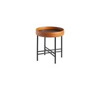 Table d'angle ronde en simili cuir, noyer et acier noir