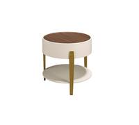 Table d'angle ronde en noyer, bois beige et acier poli plaqué or 2150, Ø52 x 50 cm -
