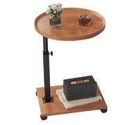 Table d'appoint C 2 niveaux, plateau rotatif 360°, hauteur réglable, roulettes, espace rangement, canapé, lit, salon - Coloris bois