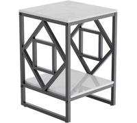 Table d'appoint carrée moderne - 2 niveaux de rangement - Plateau en pierre frittée - Structure métallique - Élégante et peu encombrante - Table d'appoint - Blanc/noir