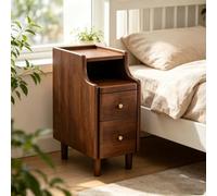 Table d'appoint compacte en bois dur sélectionné for chambre à coucher | Bac de rangement double, encoche d'alimentation arrière, chemin à roulettes silencieux(Walnut color,25*40*50cm)