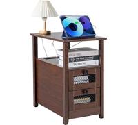 Table d'appoint de style fermier Table de chevet étroite avec ports USB et prises électriques Marron