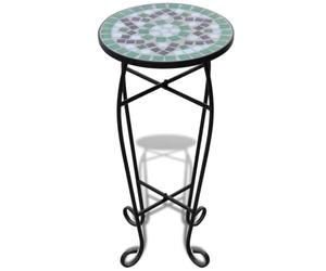 Table d'appoint demi-ronde 30 cm en céramique mosaïque verte et blanche | Résistant aux intempéries pour jardin, balcon, terrasse, structure en fer, facile à nettoyer
