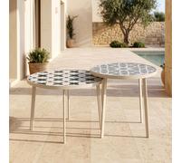 Table d'appoint d'extérieur "Faeto", ensemble de 2 pièces, avec plateau en verre, structure en métal champagne avec ornements