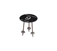 Table d'appoint en métal noir, ronde, plateau laqué, inscription blanche, piètement imitation bâtons de ski - Chehoma, Albanne - Ø40x44 cm