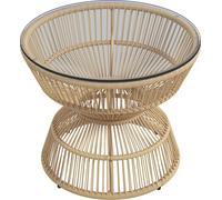 Table d'appoint en rotin Ø 60 cm, table basse avec plateau en verre trempé, table de jardin au style bohème en bois naturel et table basse pour le salon ou la terrasse