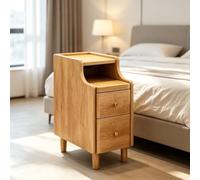Table d'appoint étroite en bois dur sélectionné for chambre à coucher | Bac de rangement double, encoche d'alimentation arrière, chemin à rouleaux silencieux(Natural,11.81in)
