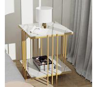 Table d'appoint FATIVO dorée aspect marbre : table de chevet à 2 étagères, table basse avec structure métallique, table de salon pour chambre à coucher, 44,5 × 55,5 cm