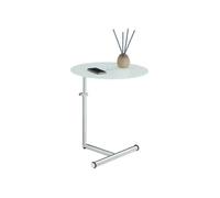 Table d'appoint LEONIE bout de canapé rond table à café table basse hauteur réglable, en métal chromé et verre trempé blanc