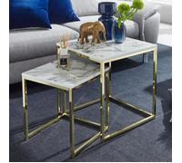 Table d'appoint Lot de 2 Effet Marbré - FINEBUY - Carrée Moderne - Blanc / Or