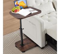 Table d'Appoint Réglable en Hauteur 45-80 cm, Bout de Canapé Forme C avec Plateau Tournant 360° et roulettes à Frein, Table Mobile Salon Chambre Petit Espace (Noyer)