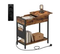 Table d'appoint Relaxdays avec Prises et Ports USB, Poche latérale, 60 x 60 x 31,5 cm, Chevet Industriel, Noir/Marron
