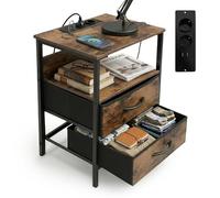 Table d'appoint Relaxdays, Prises et Ports USB, 2 tiroirs, H x l x P : 60 x 40 x 30 cm, Chevet, Marron/Noir