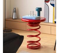 Table Dappoint Ronde à Ressort, Table Dappoint en Métal Rouge avec Plateau en Bois Massif, Petite Table De Chevet Ou Tabouret Moderne pour Salon, Chambre Ou Balcon Red