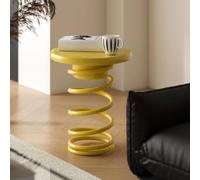 Table Dappoint Ronde à Ressort, Table Dappoint en Métal Rouge avec Plateau en Bois Massif, Petite Table De Chevet Ou Tabouret Moderne pour Salon, Chambre Ou Balcon Yellow