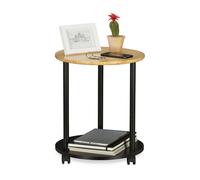 Table d'appoint ronde Relaxdays sur roulettes, bambou, porte-journaux, H x P : 49x40 cm, noir/naturel