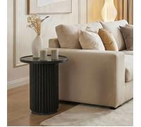 Table d'appoint SARDA 53 cm Ronde, En Bois de Manguier Massif Noir avec Socle en Marbre, Bout de Canapé pour Salon Design Cannelé