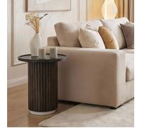 Table d'appoint SARDA 53 cm Ronde, En Bois Massif Brun avec Socle en Marbre Blanc, Bout de Canapé pour Salon Design Cannelé
