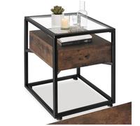Table d'appoint - TECTAKE - Table de chevet PRESTON avec plaque en verre et tiroir, en bois et acier 43 x 45 x 54,5 cm - Bois foncé