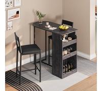 Table De Bar avec 2 Chaises, Étagères Rangement 3 Niveaux, Gris Pierre | Ensemble Table Haute Style Bistro/Farmhouse PU, pour 2 Personnes, Table Bar Cuisine pour Petit-Déjeuner, Bar