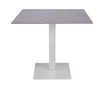 Table de bar carrée 80 x 80 cm avec plateau extérieur en pierre synthétisée effet ciment et base blanche H75