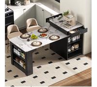 Table de bar et îlot de cuisine à roulettes, extensible avec plateau amovible, prises de courant intégrées, noir
