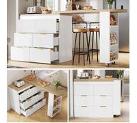 Table de bar extensible 128-203x39x90cm Table haute Table à manger Commode avec 6 tiroirs étagères pour cuisine salon - blanc