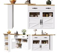 Table de bar extensible avec rangement,138-204×39×104cm,Îlot de cuisine avec tiroir et étagères réglables,Blanc