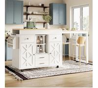 Table de bar extensible, avec support de rangement pivotant à 360°, étagères réglables et porte-serviette, chariot de cuisine, blanc