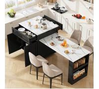Table de bar extensible, espace de rangement, îlot de cuisine pour 2 à 6 personnes, chariot de cuisine avec étagères latérales, noir